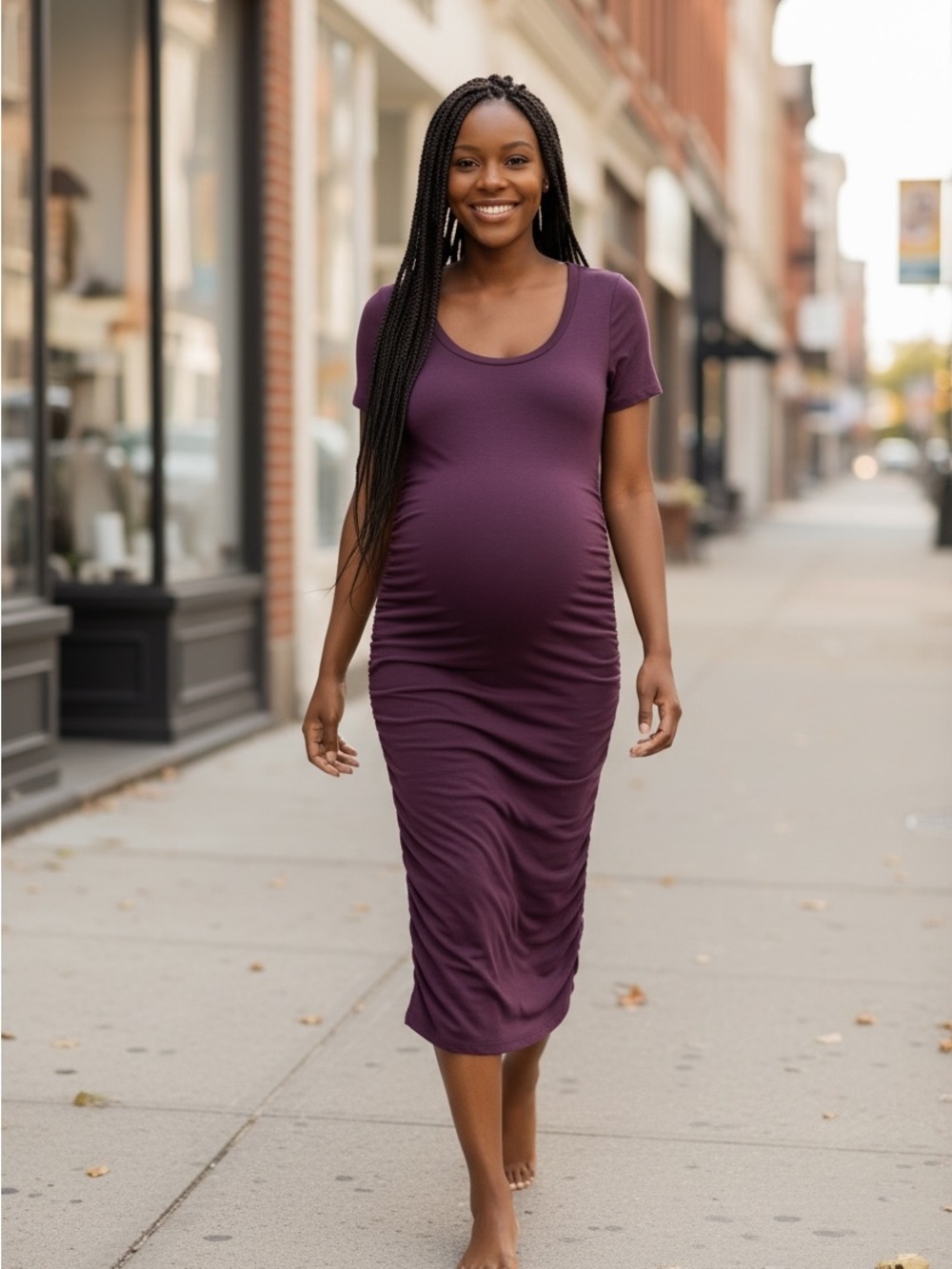 Motherhood Maternity Women’s Ruched Scoop Neck Maternity Dress in Plum Small